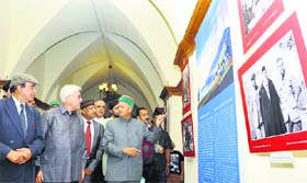 Virbhadra Singh, Chief Minister, during the inauguration of the exhibition dedicated to The Roerich Pact: Past and Modernity, organised by the International Centre of the Roerichs, Moscow, in collaboration of the Lalit Kala Akademi at Gaiety Theatre in Shimla on Monday.