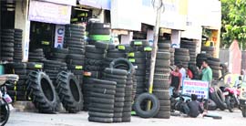 Encroachments by tyre shops in Shastri Market near the MC office in Jalandhar.