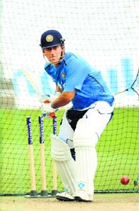 Skipper MS Dhoni during a training session at Trent Bridge in Nottingham on Monday