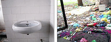 A wash basin without sanitary fittings; and (right) garbage scattered near a patients ward at Guru Nanak Dev Hospital in Amritsar. Photos: RK Soni 