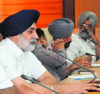Sikander Singh Maluka, Rural Development and Panchayat Minister, Punjab, addresses a meeting at Vikas Bhawan, Phase VIII, in Mohali on Tuesday.