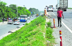 The flyover in Karnal from where a car fell off on Tuesday.