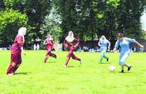 A football match in progress at Government College for Women in Srinagar.