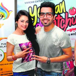 uvika Choudhary and Harry Sandhu promote their film in Bathinda on Wednesday. 