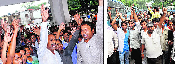 City bus operators protest at the RTO office in Dehradun on Wednesday.