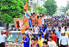 Members of the ABVP at the bike rally on the occasion of the 65th foundation day in Dehradun on Wednesday.