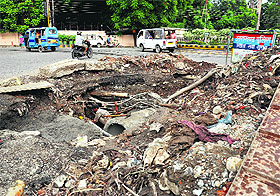 Work on a sewer line under way at Survey Chowk in Dehradun on Wednesday.