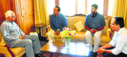 Governor NN Vohra holds a meeting with Ur-II Hydroelectric Project officials at Raj Bhawan in Srinagar on Wednesday. A tribune photograph