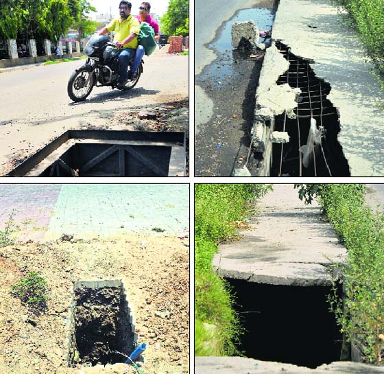 Sorry state: (Clockwise from top left) An open manhole poses a threat to commuters near Chand Cinema; a big hole on the NH1 drain near Greenland School; another uncovered portion of NH1 drain; and a pit dug up by a telecom company on Ferozepur Road near Rajguru Nagar