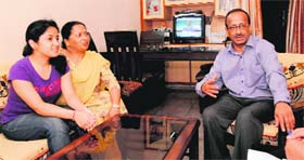 Nandan Singh Rautala with his wife Laxmi and daughter Anjali at his residence in Sector 43, Chandigarh, on Thursday.