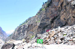 The damaged stretch near Urni in Kinnaur district in Himachal Pradesh. Tribune photo: Amit Kanwar