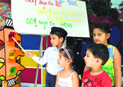 Students learn about the traffic rules at ABC Montessori School in BRS Nagar, Ludhiana. A tribune Photograph 