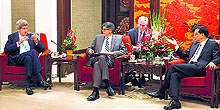 US Secretary of State John Kerry (L) and US Treasury Secretary Jack Lew (C) with Chinas Premier Li Keqiang (R) in the Purple Light Pavilion of the Zhongnanhai Leadership Compound in Beijing on Thursday