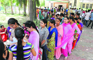 Students wait in queues during admissions at Government Rajindra College in Bathinda on Friday.