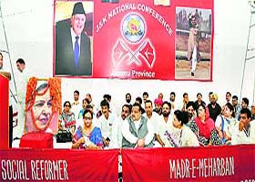 Senior National Conference leaders attend a function to observe the 14th death anniversary of Begun Akbar Jehan at Sher-e-Kashmir Bhawan in Jammu on Friday.