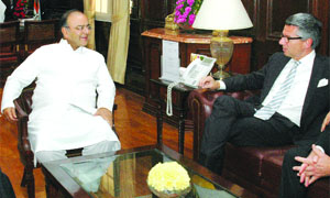 Finance Minister Arun Jaitley with Federation of German Industries president Ulrich Grillo in New Delhi on Friday.