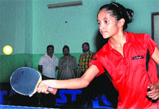 Trisha in action during the sub-junior girls Open Table Tennis Tournament organised by Chandigarh Table Tennis Club at Sector 23, Chandigarh, on Saturday.