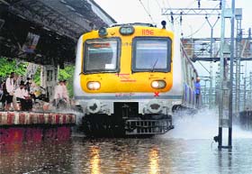 A waterlogged railway track in Mumbai after downpour.