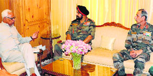 Governor NN Vohra with Chief of Army Staff General Bikram Singh and Northern Command chief Lt Gen DS Hooda in Srinagar on Saturday.