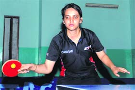 Kalyani of SD College in action during the first Open Table Tennis Tournament at Sector 23, Chandigarh, on Sunday