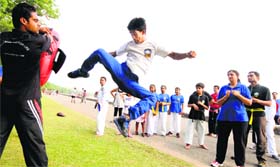 A boy displays his Choi Kwang Do skills during a special preview class at Sukhna Lake in Chandigarh on Sunday. Choi Kwang Do  is a yoga-based scientifically developed martial art