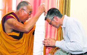 Chief Minister Omar Abdullah being felicitated by the Dalai Lama during the Kalachakra in Leh