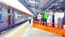 Prime Minister Narendra Modi flags off a train from the Katra railway station