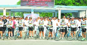 Get, set, go: The Indian Air Force all-woman cycling expedition to Leh during the flag-off in Pathankot on Sunday