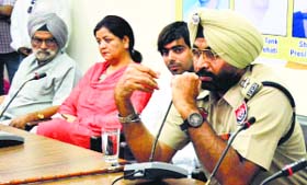 ACP (West) RPS Sandhu speaks during a meeting organised by the Shiv Sena Secular at the Circuit House in Ludhiana on Sunday.