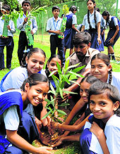 Students of the GMSSS-10 plant a sapling on the premises of the school in Chandigarh on Monday
