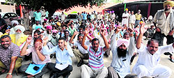 Members of the Horticulture Workers Union protest for the regularisation of services of daily-wage workers, in front of the office of the Executive Engineer, Horticulture Division No. 2, at Sector 23 in Chandigarh on Monday