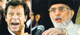The self-righteous Imran Khan, the self-proclaimed keeper of Pakistans conscience and (right) the leader of revolution Tahirul Qadri
