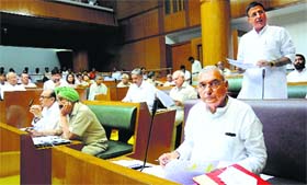 Parliamentary Affairs Minister Randeep Singh Surjewala addresses the Assembly during the last session of the Vidhan Sabha in Chandigarh on Monday