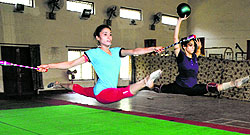 Gymnasts Mitali and Palak at a practice session. They will leave for Glasgow on July 17