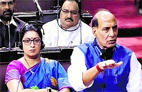 Home Minister Rajnath Singh speaks in the Rajya Sabha during the Budget session in New Delhi on Monday.