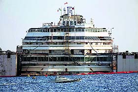 The cruise liner Costa Concordia is seen during a refloat operation at Giglio harbour on Monday.