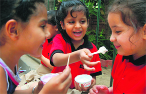 Students of Shemrock School celebrate Ice Cream Day on the campus in Mohali on Tuesday.