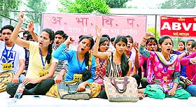 ABVP activists sit on a day-long relay fast in Dharamsala on Tuesday.
