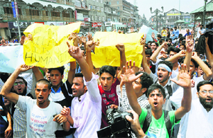 The Kashmir valley has been witnessing widespread protests against the Gaza killings. Here, college students raise anti-Israel slogans in Srinagar on Tuesday.