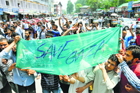 Students in Srinagar during a protest against Israeli military operations in Gaza