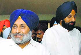 Deputy CM Sukhbir Badal and Revenue Minister Bikram Singh Majithia outside the Vidhan Sabha on Tuesday.