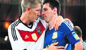 Despite having his cheek slit open by an Argentine player, Bastian Schweinsteiger was magnanimous enough to say something nice and comforting to a dejected Lionel Messi.