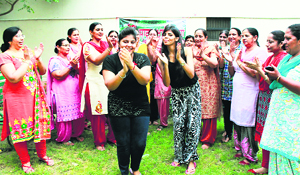 Members of the Phulkari Club during a function organised to mark the onset of the month of Saawan (rainy season) in Bathinda on Wednesday