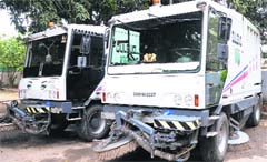 Sweeping machines of the MC parked at the fire station, Sector 17. Tribune Photo: S Chandan