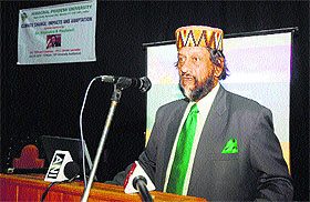 Rajendra K Pachauri, Director General, TERI, at a lecture on Climate Change: Impacts and Adaptation in Shimla on Wednesday.