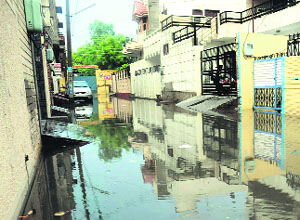 The waterlogged street no. 3 in Malviya Nagar in Bathinda on Thursday.