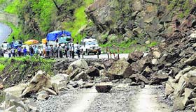 A blocked road after a landslip in Kedar Valley on Thursday.