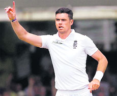 James Anderson celebrates the wicket of Virat Kohli during the first day of the second Test at Lords in London on Thursday.