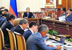 Russias Prime Minister Dmitry Medvedev chairs a government meeting in Moscow on Thursday.