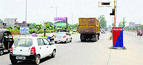 The security picket on the intersection of New Amritsar traffic signals on the Amritsar-Jalandhar road. 